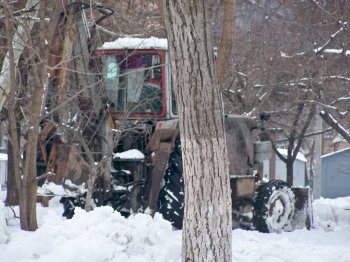 Дворникам, наконец, подсобила техника, некоторые трактора застряли в деревьях.