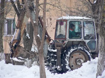 Дворникам, наконец, подсобила техника, некоторые трактора застряли в деревьях.
