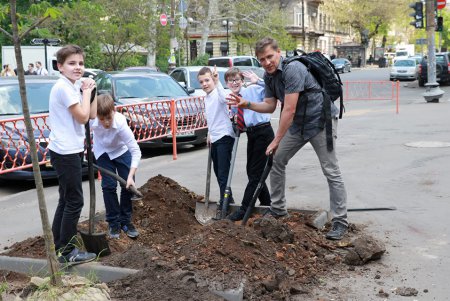 Дети и волонтеры высадили каштаны возле школы в центре Одессы (фото)