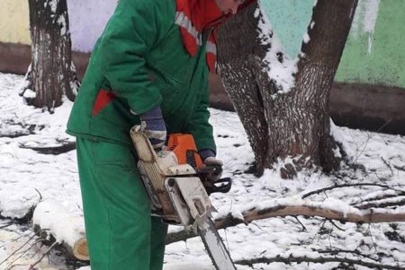 Борьба с непогодой: коммунальщики убирают тротуары и межквартальные проезды, распиливают упавшие деревья и ветки (фото)