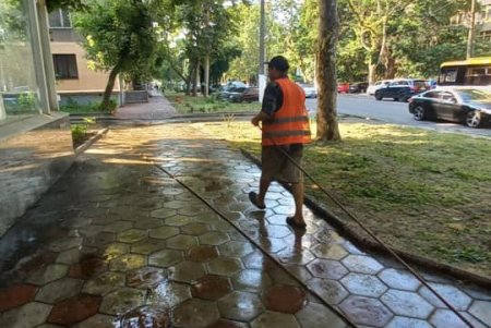 Коммунальщики ежедневно поливают водой тротуары и придомовые территории (фото)