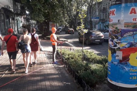Коммунальщики ежедневно поливают водой тротуары и придомовые территории (фото)