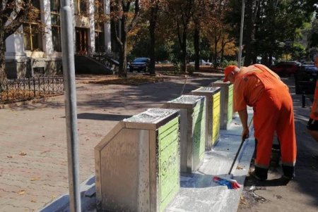 Вандалы разрисовали остановочные комплексы на улице Лазарева и мусороприемники на Соборной площади (фото)