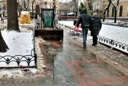 Сотрудники «Горзелентреста» очищают от льда и снега зеленые зоны города, посыпая дорожки специальной смесью (фото)