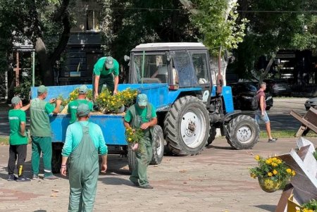 Возле ОГА одесские коммунальщики ко Дню Независимости украсили противотанковые ежи цветами, высаженными в шлемы (фото)